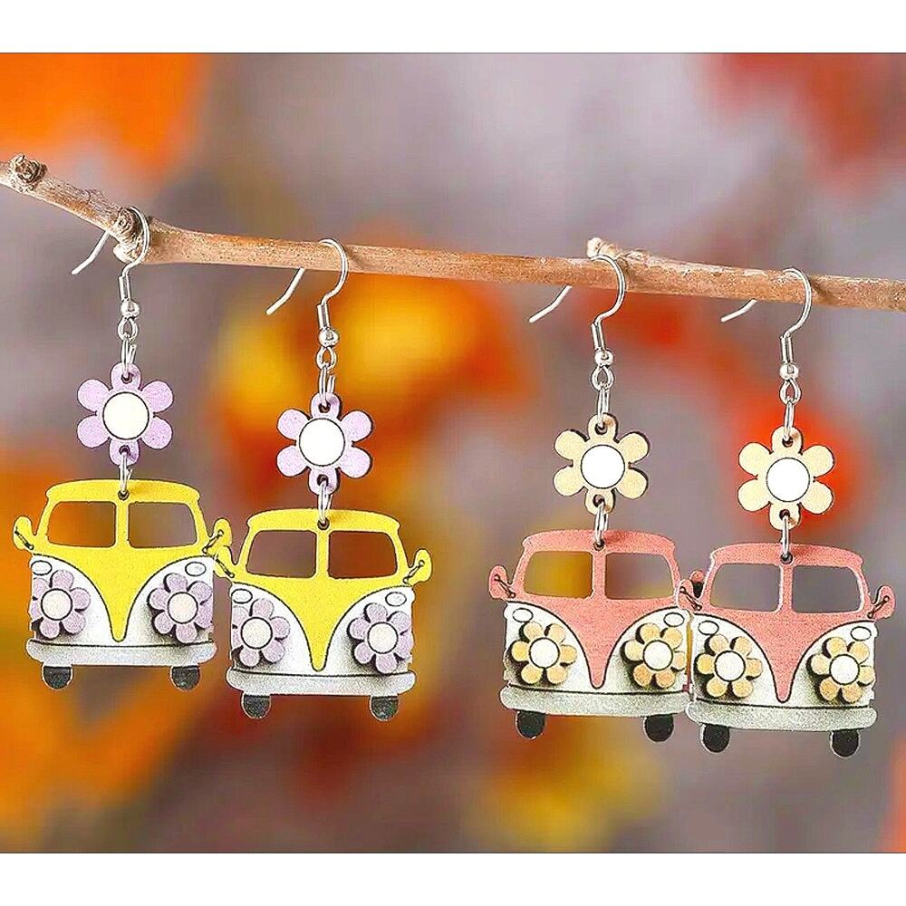 Colorful Retro Boho VW Bus Wooden Stainless Steel Earrings Yellow 1 pair - Picture 6 of 6